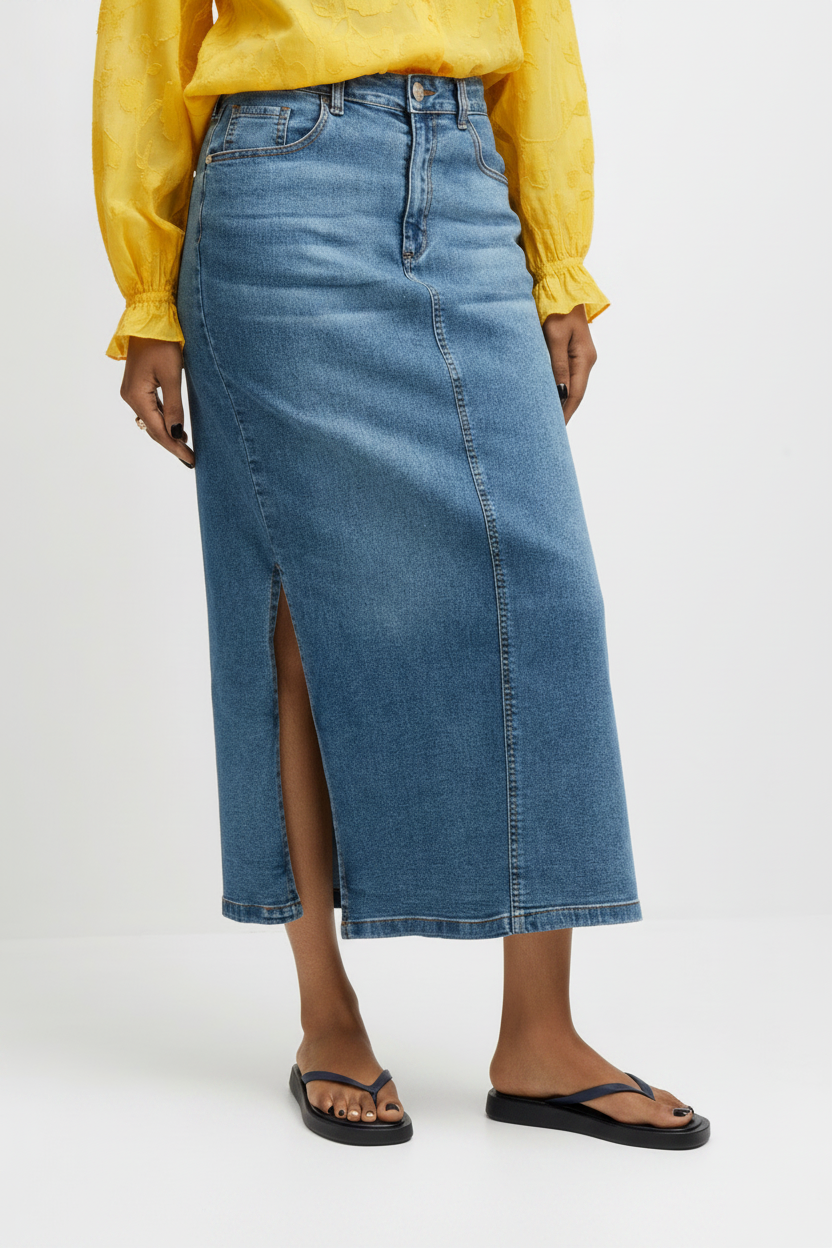 Moz Authentic™ – Saia Longa de Jeans (Mid Wash)