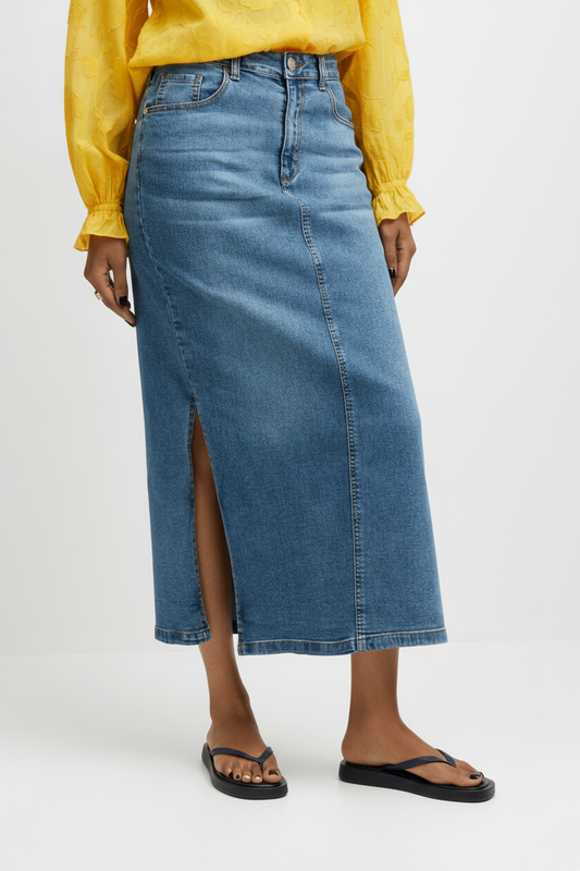 Moz Authentic™ – Saia Longa de Jeans (Mid Wash)